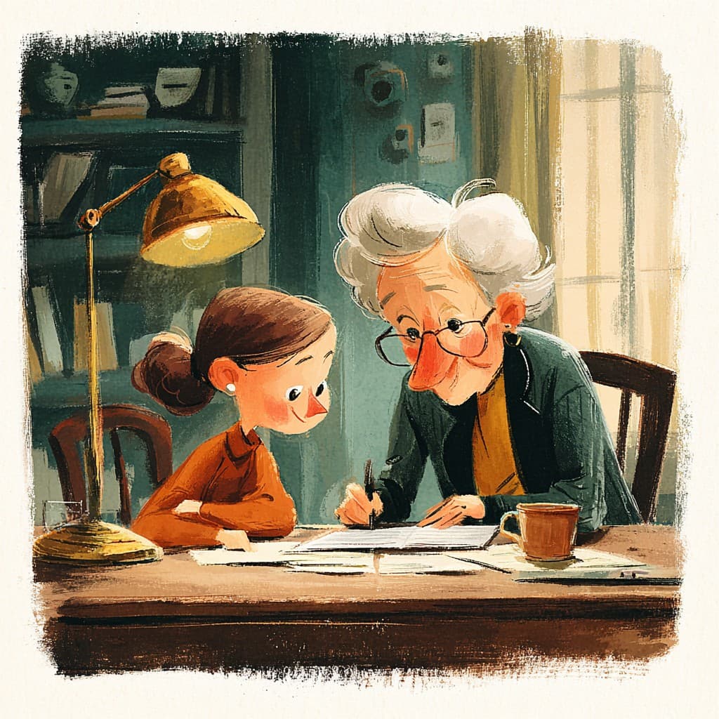 Illustrated family reviewing facility records together at a desk
